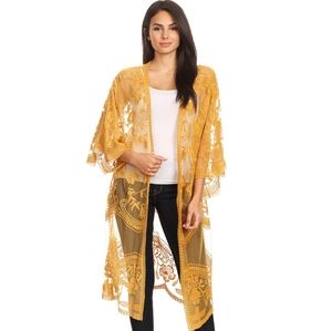 Embroidered Lace Kimono Cardigan Mustard Yellow